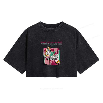 Pagewings Library Week Poster 1996 Women's Washed Cropped T-shirt