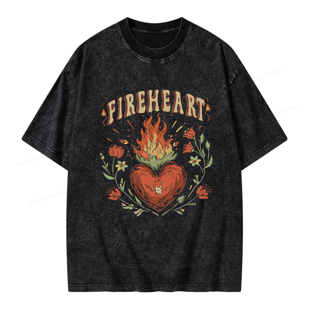 Pagewings Vintage Fire-heart Shirt Unisex Washed T-shirt
