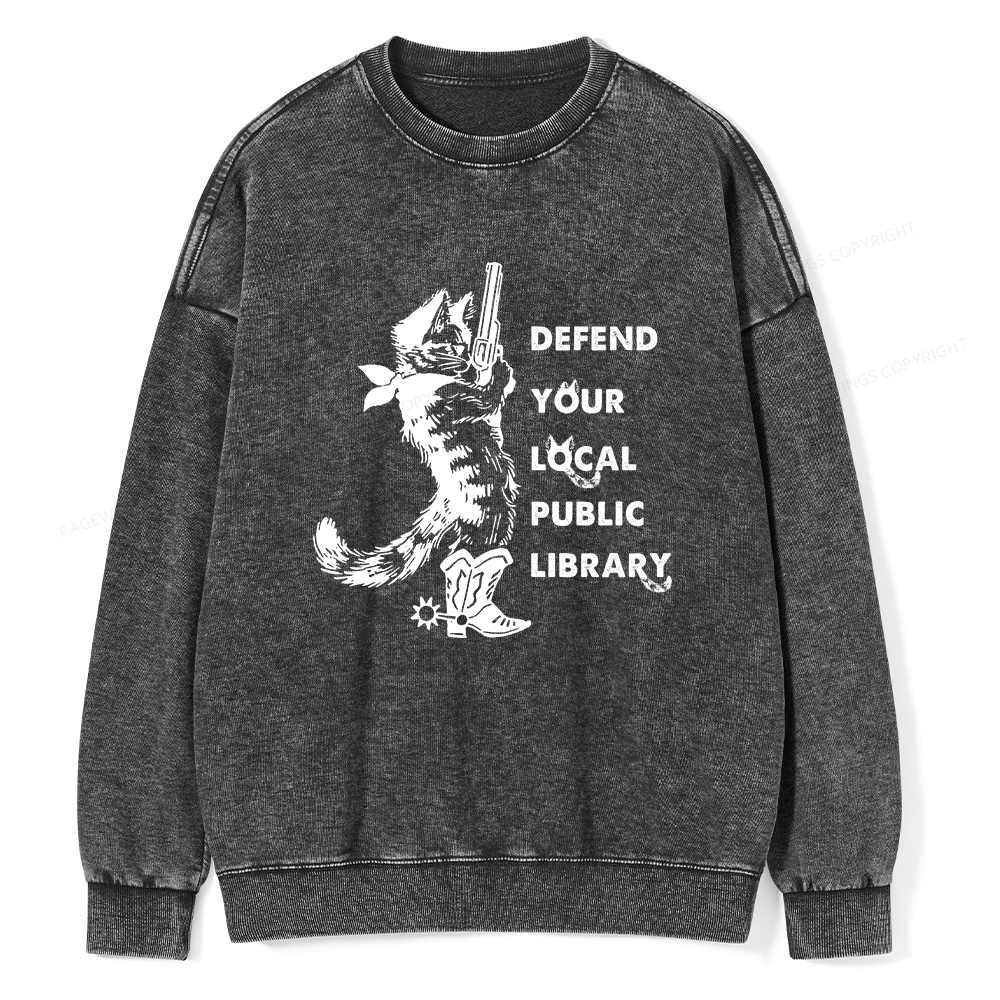 Pagewings Cat Defend Your Local Public Library Unisex Washed Sweatshirt