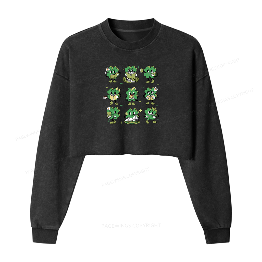 Pagewings St Patrick’s Day Book Lovers Librarian Washed Crop Sweatshirt