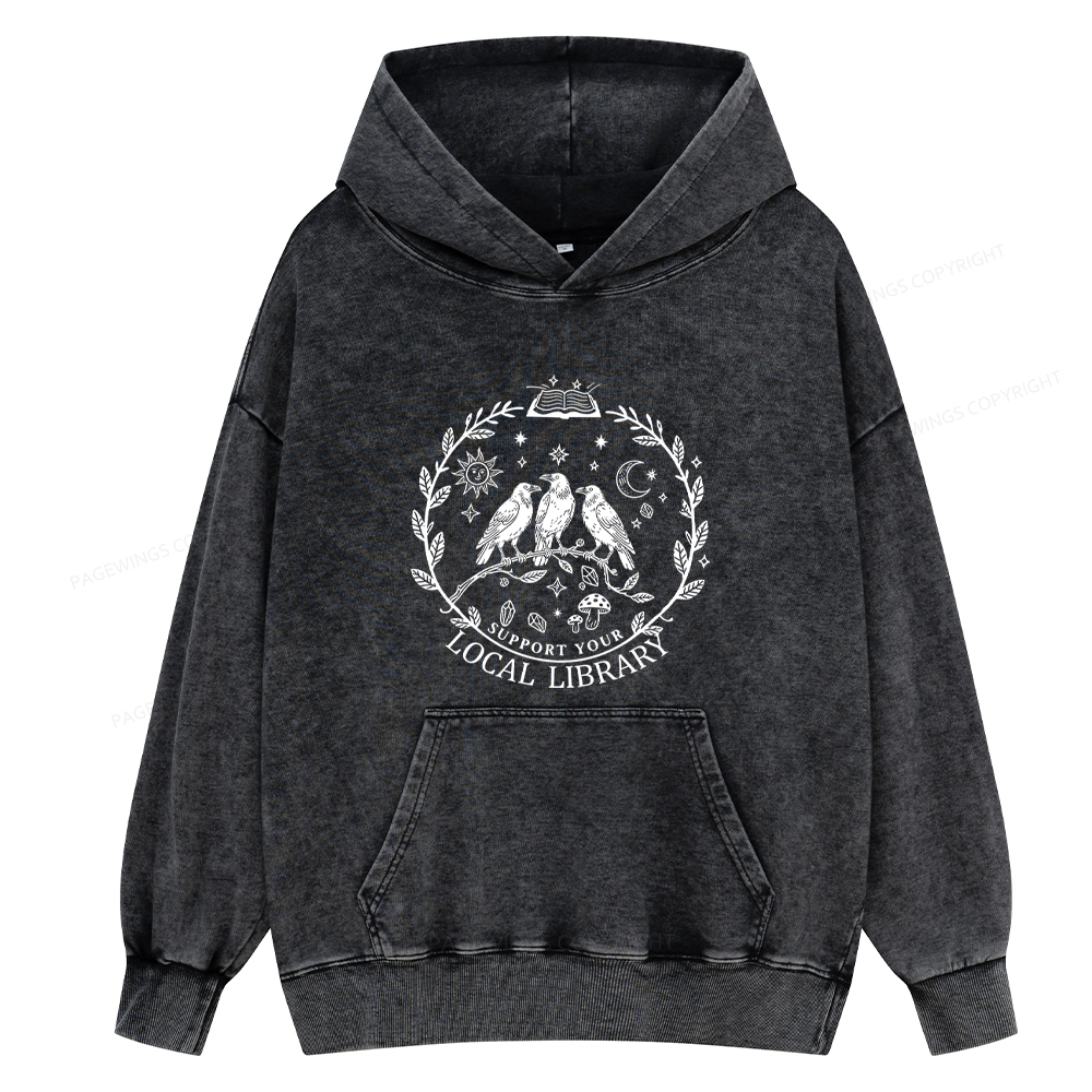 Pagewings Support Your Local Library Unisex Washed Hoodie