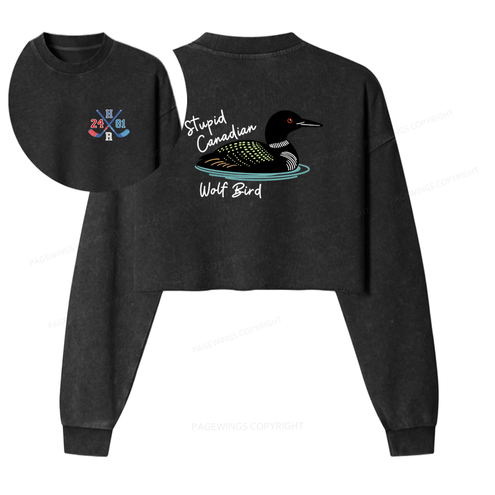 Pagewings Stupid Canadian Wolf Bird Washed Crop Sweatshirt
