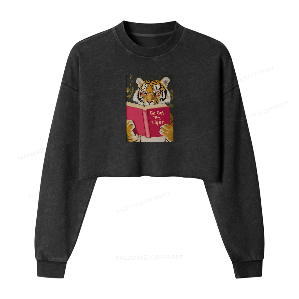 Pagewings Tiger Reading Washed Crop Sweatshirt