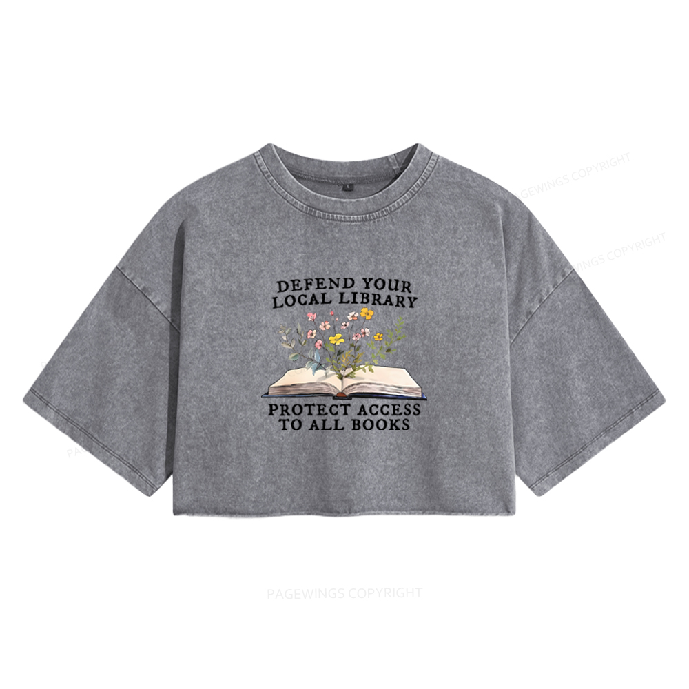 Pagewings Books Save Lives Protect Libraries Women's Washed Cropped T-shirt