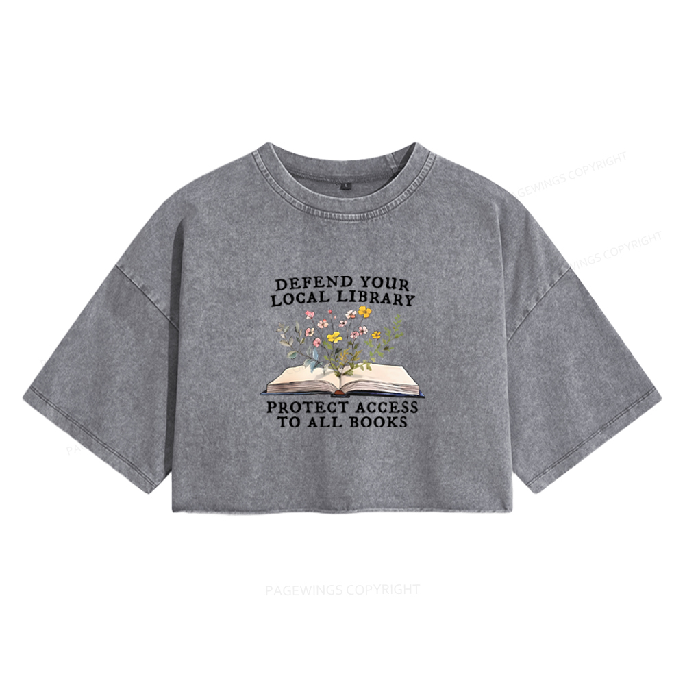 Pagewings Books Save Lives Protect Libraries Women's Washed Cropped T-shirt