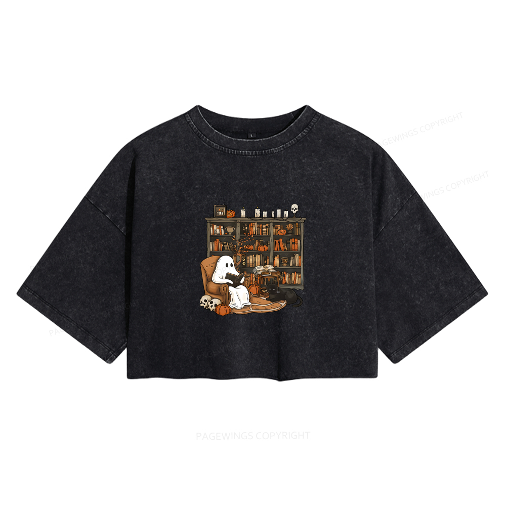 Pagewings Halloween Ghost Reading Books Women's Washed Cropped T-shirt