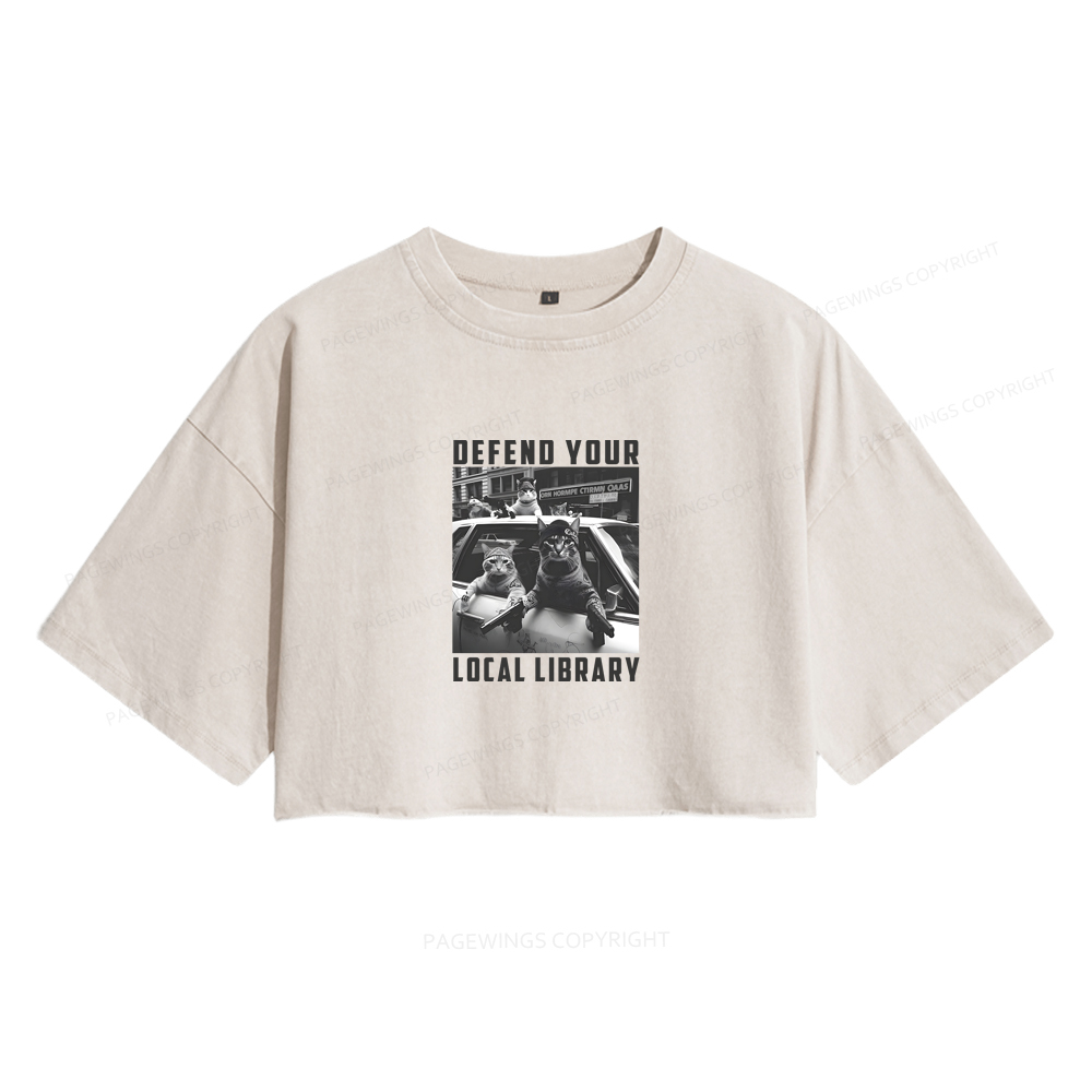 Pagewings Defend Your Local Library Women's Washed Cropped T-shirt