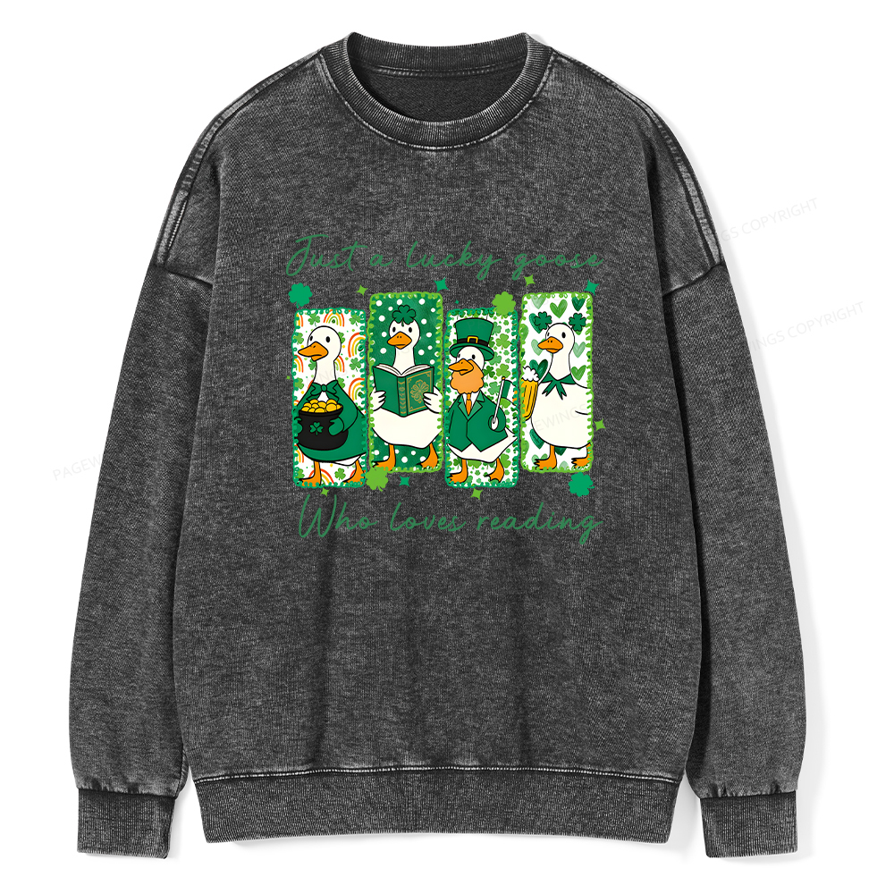 Pagewings St Patrick’s Day Just A Lucky Goose Who Loves Reading Unisex Washed Sweatshirt