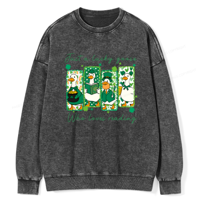Pagewings St Patrick’s Day Just A Lucky Goose Who Loves Reading Unisex Washed Sweatshirt