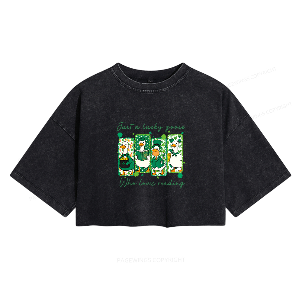 Pagewings St Patrick’s Day Just A Lucky Goose Who Loves Reading Women's Washed Cropped T-shirt