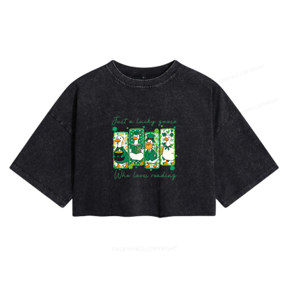 Pagewings St Patrick’s Day Just A Lucky Goose Who Loves Reading Women's Washed Cropped T-shirt