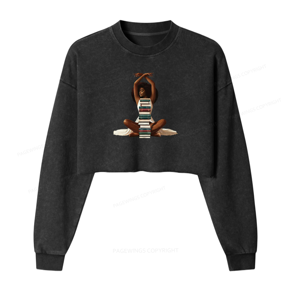 Pagewings Black Girl Reading Washed Crop Sweatshirt