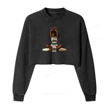 Pagewings Black Girl Reading Washed Crop Sweatshirt