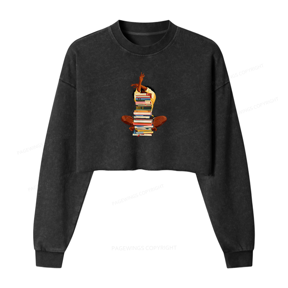 Pagewings Black Woman Reading Washed Crop Sweatshirt