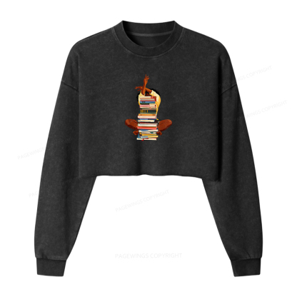 Pagewings Black Woman Reading Washed Crop Sweatshirt