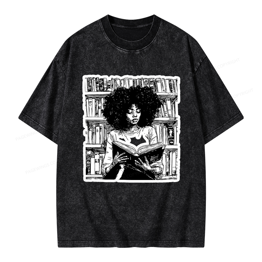 Pagewings Black Girl Reading Unisex Washed T-shirt