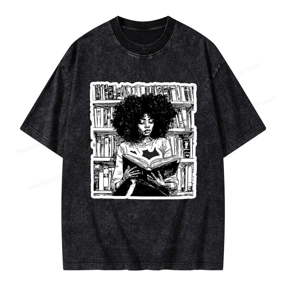 Pagewings Black Girl Reading Unisex Washed T-shirt
