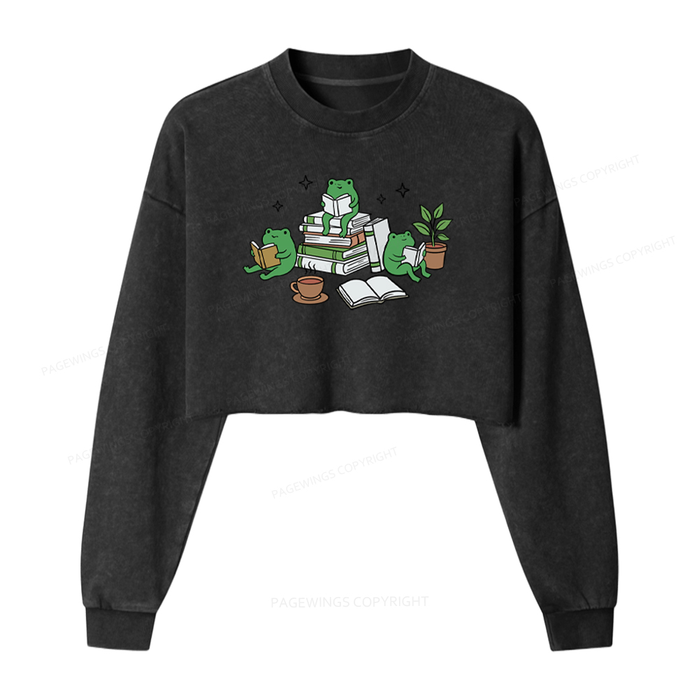 Pagewings Frogs And Books Washed Crop Sweatshirt