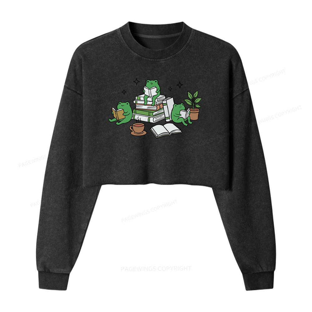 Pagewings Frogs And Books Washed Crop Sweatshirt
