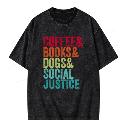 Pagewings Books Coffee Dogs Social Justice Unisex Washed T-shirt