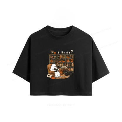 Pagewings Halloween Ghost Reading Books Women Crop Tops
