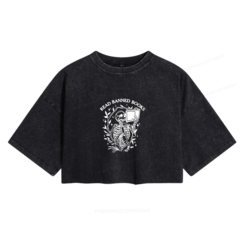Pagewings Read Banned Books Skeleton Halloween Goth Protest Women's Washed Cropped T-shirt