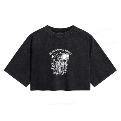 Pagewings Read Banned Books Skeleton Halloween Goth Protest Women's Washed Cropped T-shirt