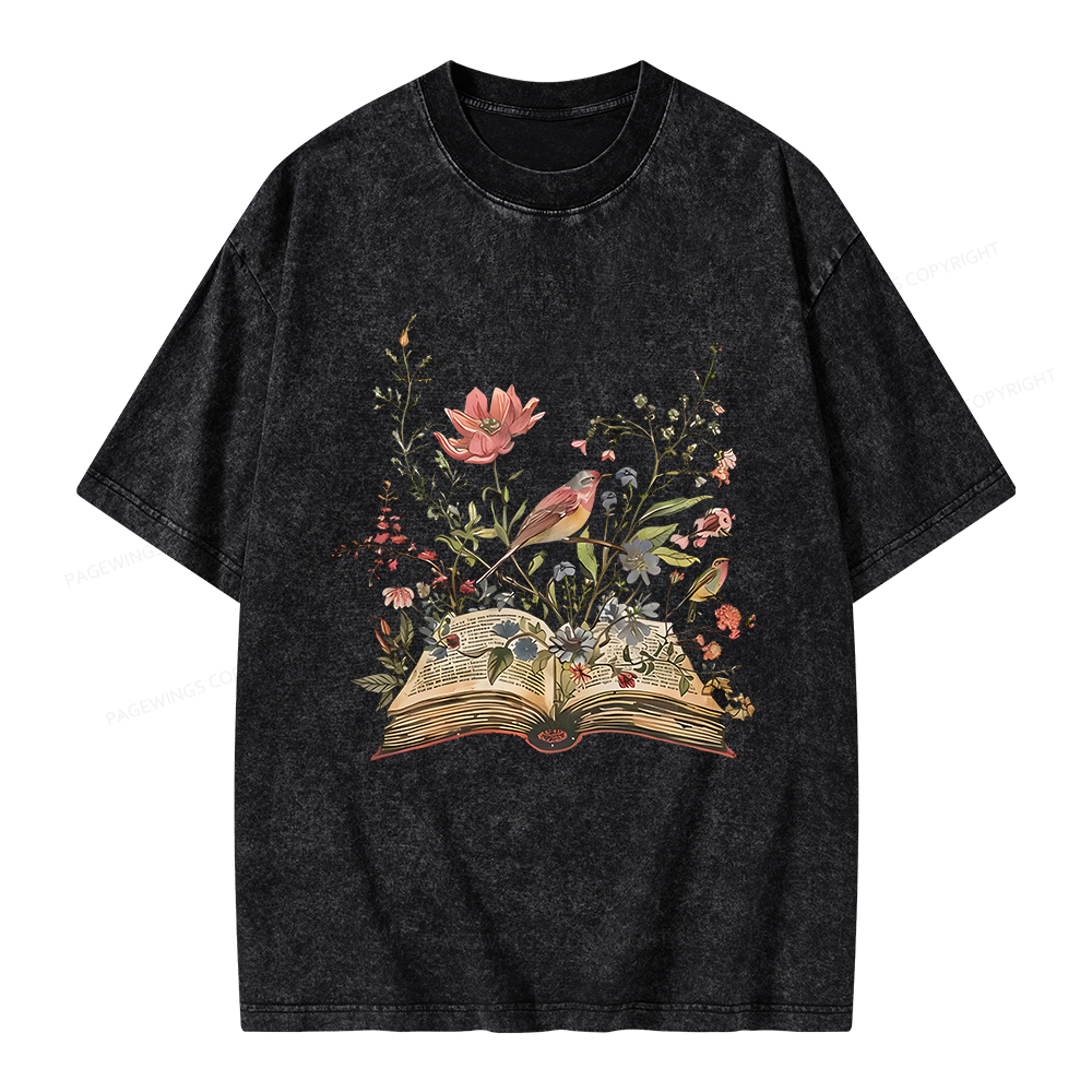 Pagewings Book Flowers Unisex Washed T-shirt