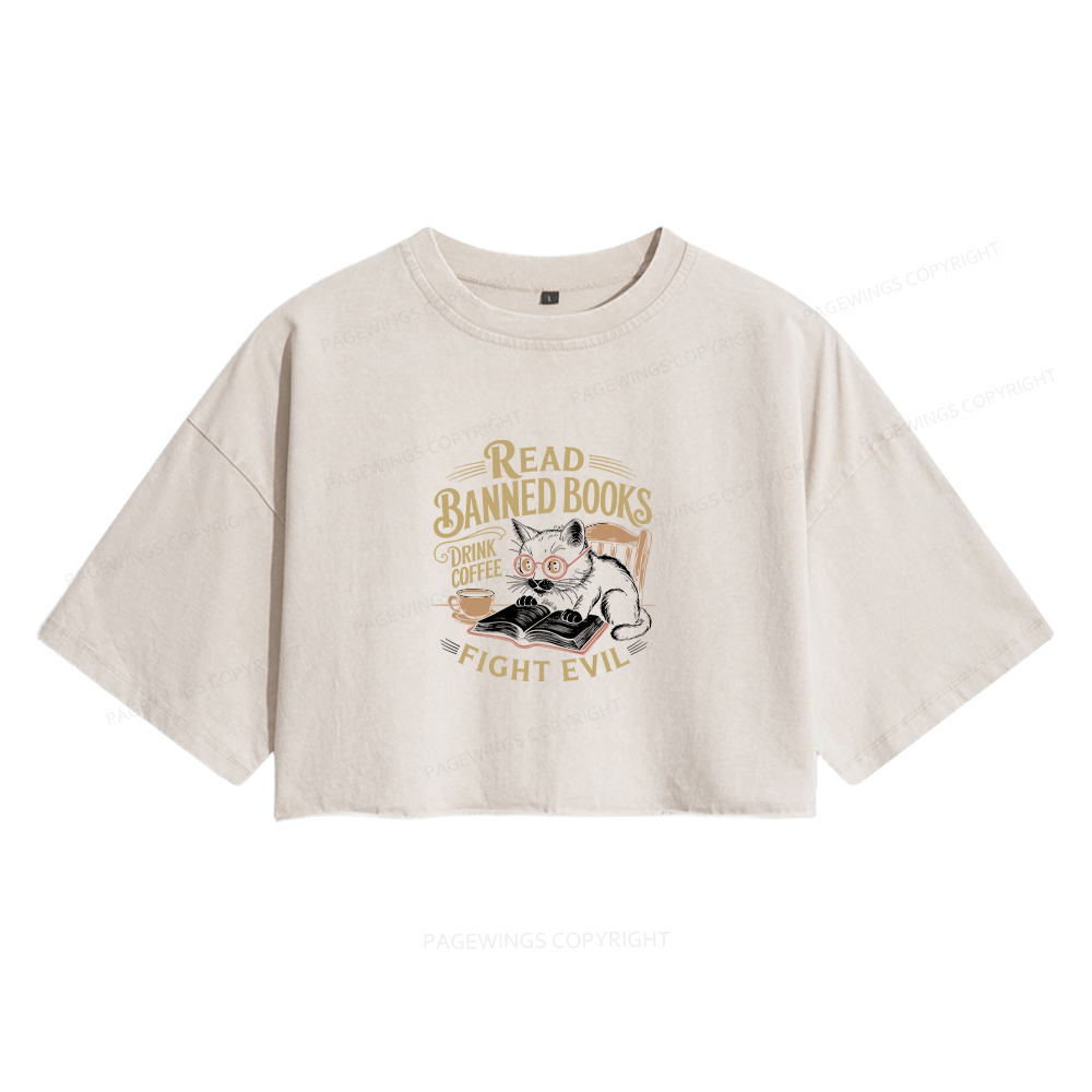 Pagewings Read Books Drink Coffee Fight Evil Women's Washed Cropped T-shirt