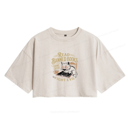Pagewings Read Books Drink Coffee Fight Evil Women's Washed Cropped T-shirt