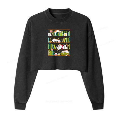 Pagewings Library Cats Washed Crop Sweatshirt