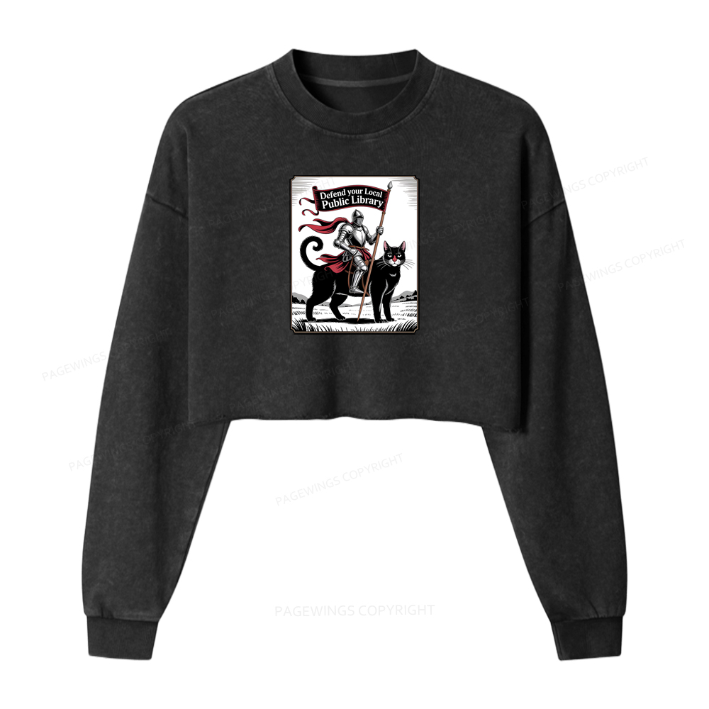 Pagewings Defend Your Local Public Library Funny Knight Cat Washed Crop Sweatshirt