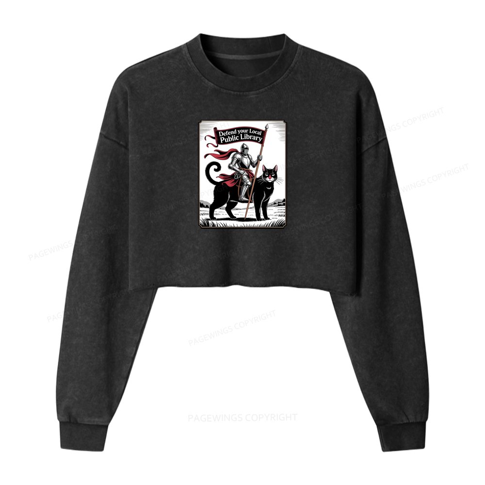 Pagewings Defend Your Local Public Library Funny Knight Cat Washed Crop Sweatshirt