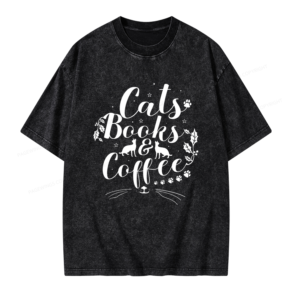 Pagewings Cats Books And Coffee Unisex Washed T-shirt