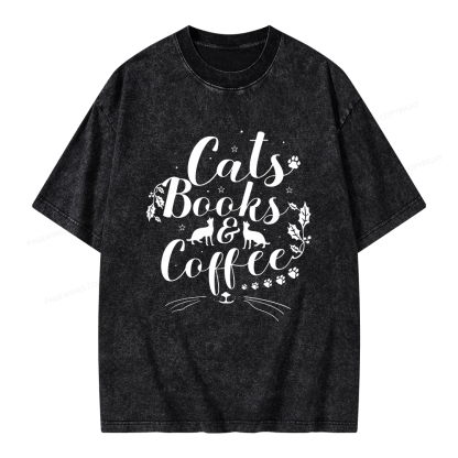 Pagewings Cats Books And Coffee Unisex Washed T-shirt