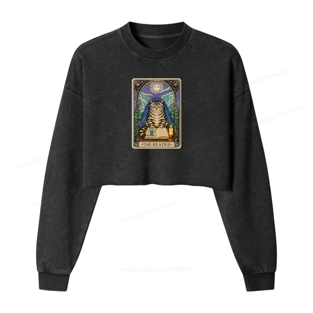 Pagewings The Reader Cat Tarot Cards Washed Crop Sweatshirt