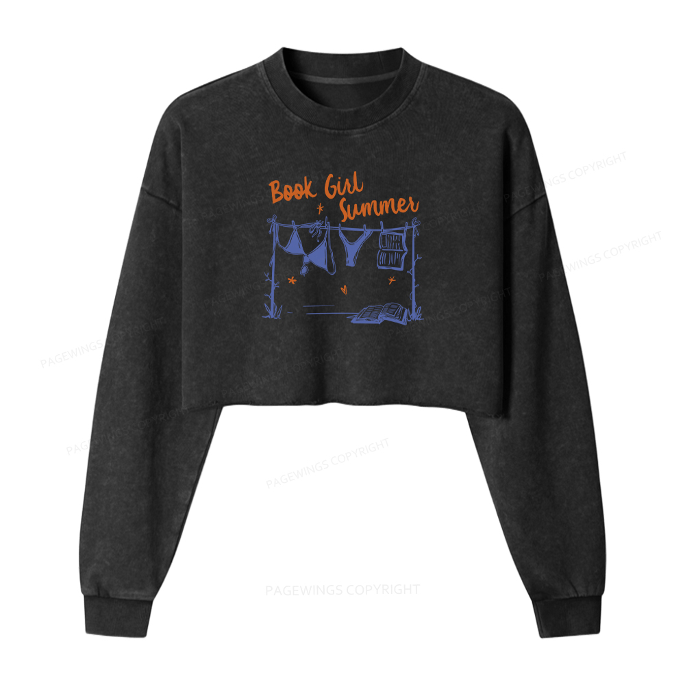 Pagewings Book Girl Summer Bookish Washed Crop Sweatshirt