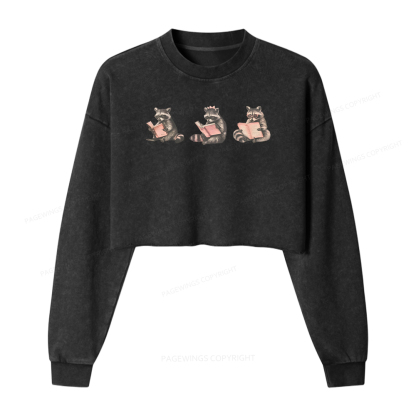Pagewings Funny Raccoon Bookish Gift Washed Crop Sweatshirt