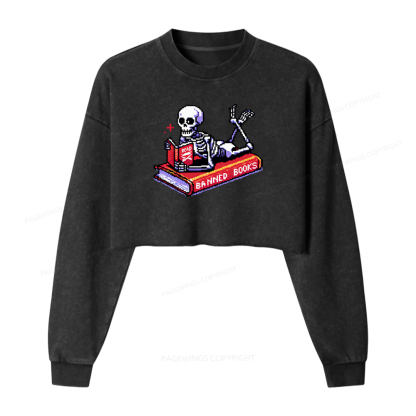 Pagewings Read Banned Books Skeleton Washed Crop Sweatshirt