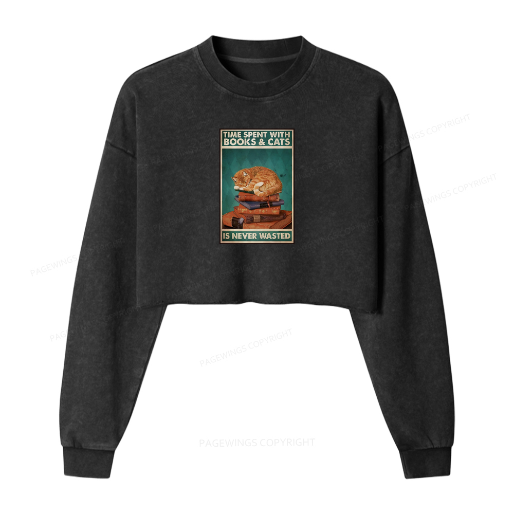 Pagewings Time Spent With Books And Cats Washed Crop Sweatshirt