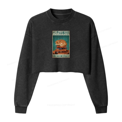 Pagewings Time Spent With Books And Cats Washed Crop Sweatshirt