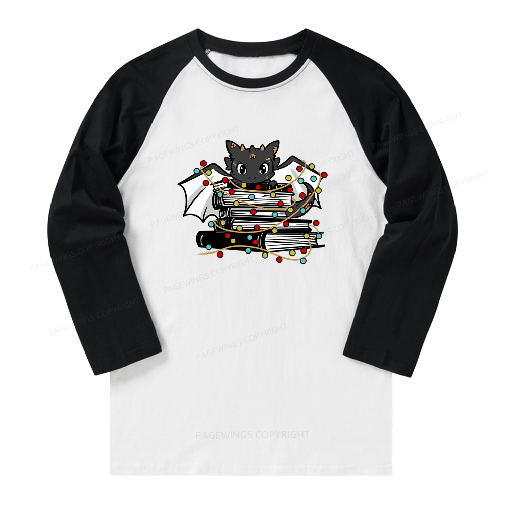 Pagewings Cute Book Dragon Holiday Long Sleeve Raglan T-shirt