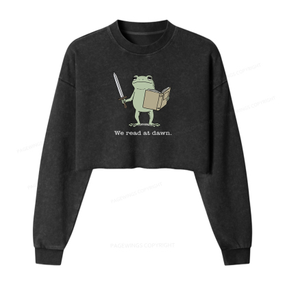 Pagewings We Read At Dawn Funny Frog Washed Crop Sweatshirt