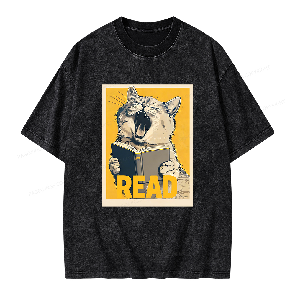 Pagewings Cat Read Books Unisex Washed T-shirt