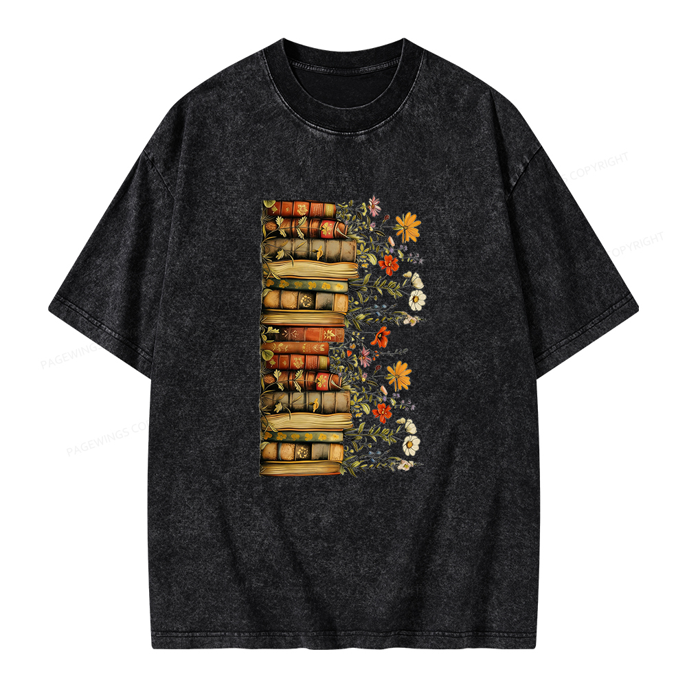 Pagewings Floral Books Unisex Washed T-shirt