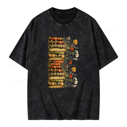 Pagewings Floral Books Unisex Washed T-shirt