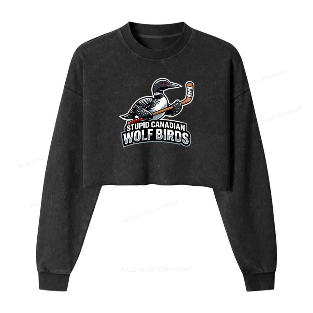 Pagewings Stupid Canadian Wolf Birds Washed Crop Sweatshirt