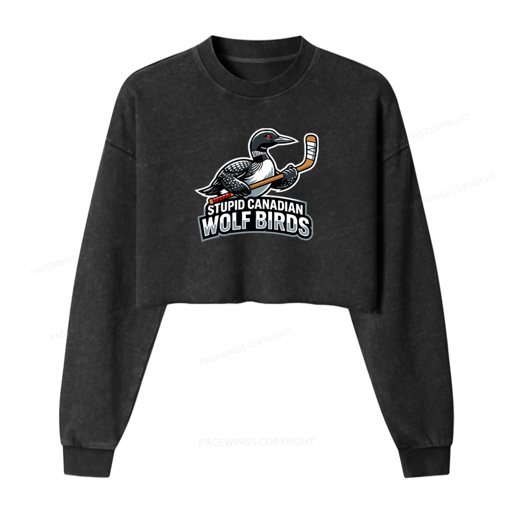 Pagewings Stupid Canadian Wolf Birds Washed Crop Sweatshirt