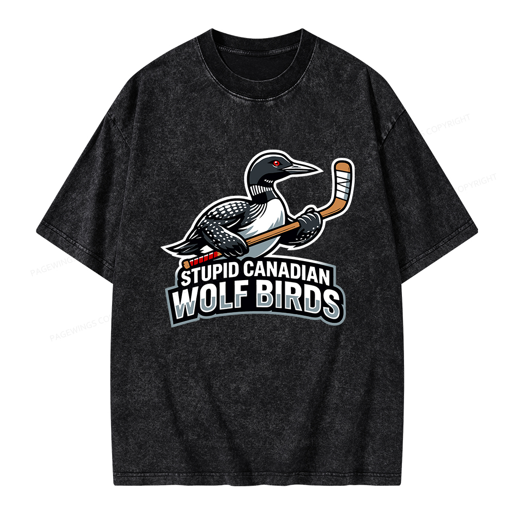 Pagewings Stupid Canadian Wolf Birds Funny Unisex Washed T-shirt