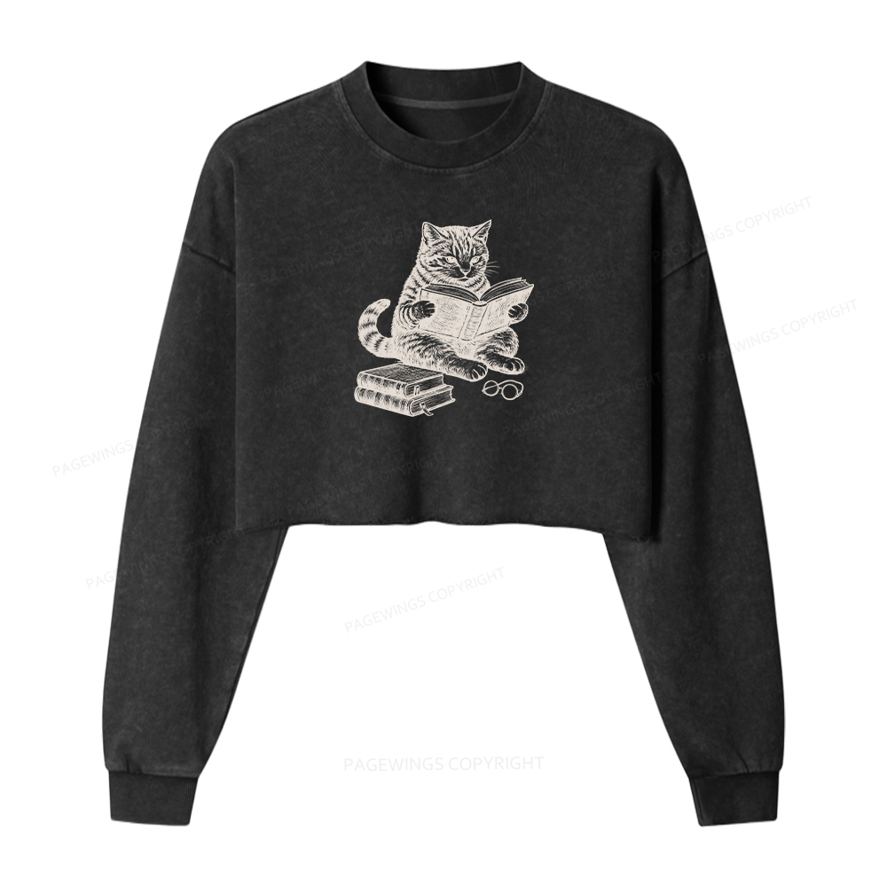 Pagewings Cat Reading Book Washed Crop Sweatshirt
